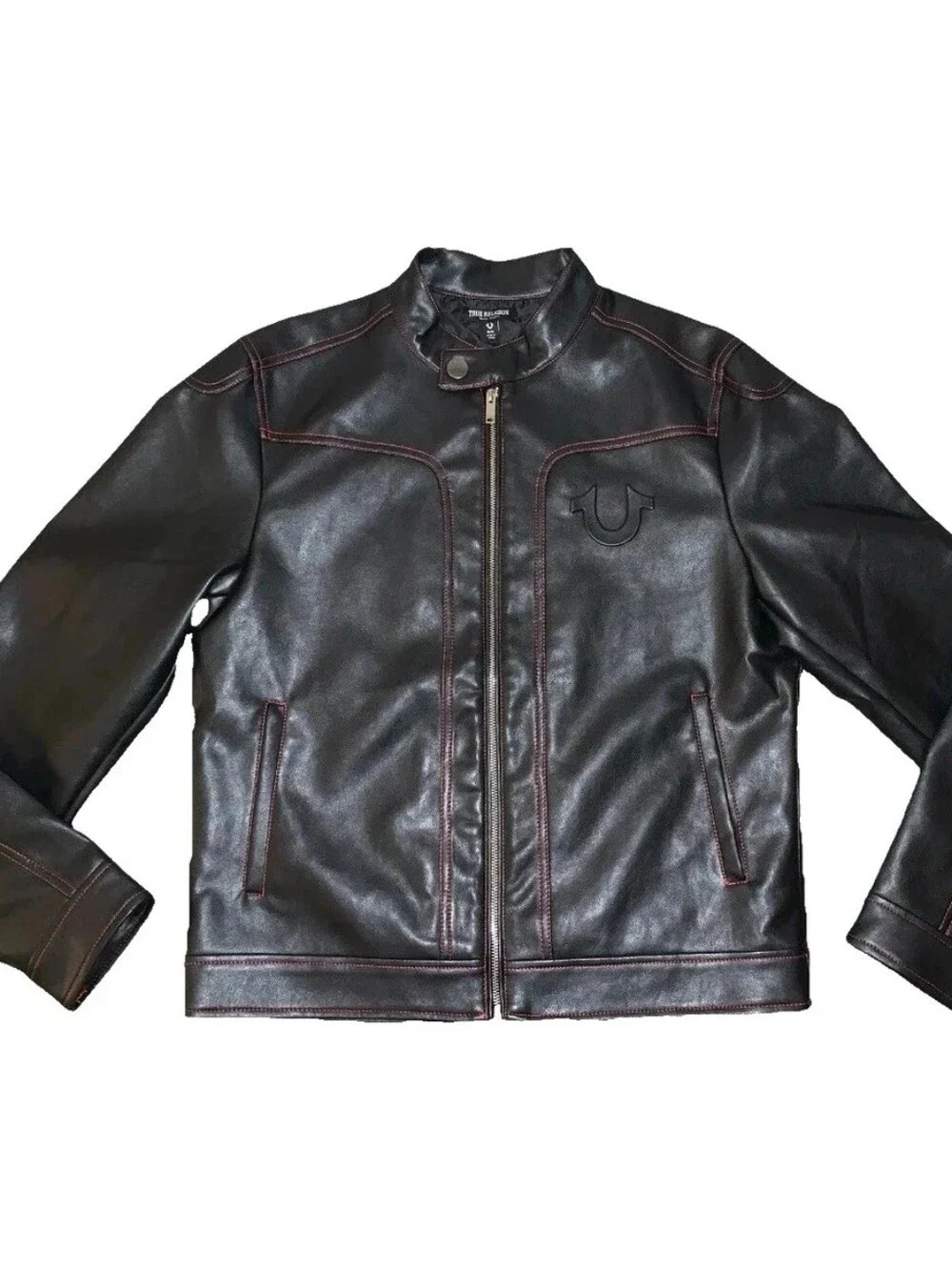 New True Religion Mens XL PU Moto Jacket Black Red Contrast Stitch